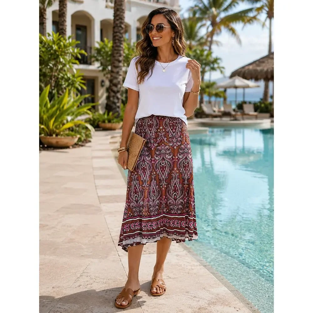 Bob Mackie Paisley Midi Skirt L Boho Chic Stretch Pull-On Pink Brown